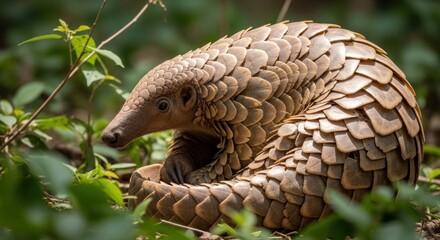 Fototapeta premium Pangolin curled tightly, scales shining in sunlight, nestled in green foliage