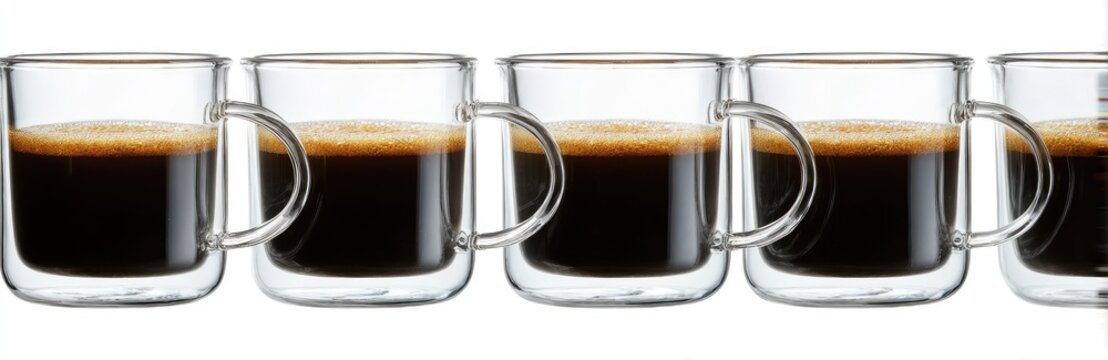 Five double-walled glass mugs filled with dark liquid, arranged in a row against a white background.  Each mug has a clear handle