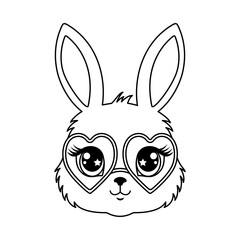 A cute bunny's head with big eyes and heart-shaped glasses in  line art style