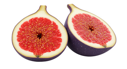 Two fig halves, showing the red flesh and seeds, isolated on a clean backdrop, healthy fruit for food photography