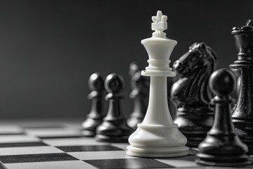 White King surrounded by black chess pieces