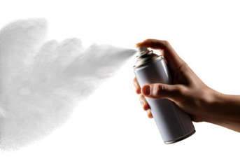 Hand spraying white mist from a spray can isolated on transparent background