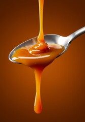 Golden caramel sauce dripping from spoon, warm amber background, dessert photography for indulgent ads and branding