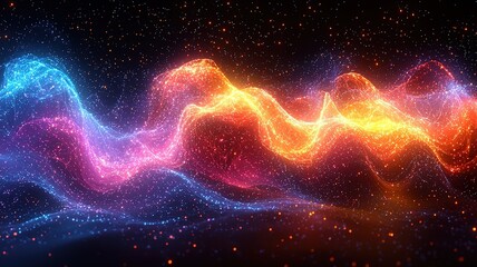 3D render of colorful neon light wave lines on black background, abstract glowing design element
