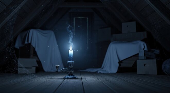 Eerie candle burning brightly in a dark attic with cobwebs and covered boxes - Powered by Adobe