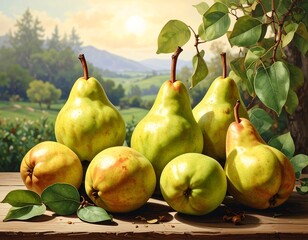 Pears on a rustic wooden table against a scenic landscape