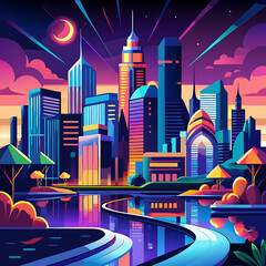 Bright Night City Lights with Reflections on Shimmering Water Surface, Ai Generated