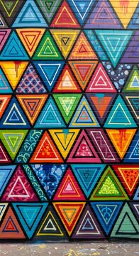 Colorful triangle graffiti art on brick wall creating a patterned geometric design