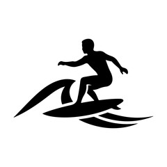Minimalist Black Surfer Silhouette on Wave Flat Vector Design