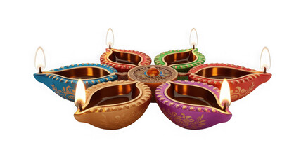 Colorful Diwali diya lamp isolated on white background realistic shadows high quality PNG