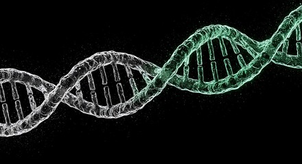 futuristic metallic and glassy dna strand with swirling digital lines and particles on dark backdrop, subject on right side with luminous green tones, black and white minimalist sketch
