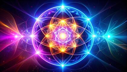 Vibrant, glowing, geometric symbol in a cosmic backdrop