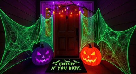 Spooky halloween front door decorated with glowing pumpkins spiderwebs and string lights decor