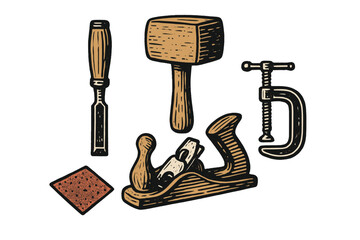 Assortment of classic woodworking hand tools including chisel, mallet, hand plane, G-clamp, and sandpaper for carpentry projects