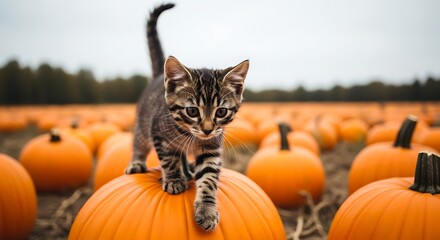 Cute tabby kitten exploring a pumpkin patch on a cloudy autumn day