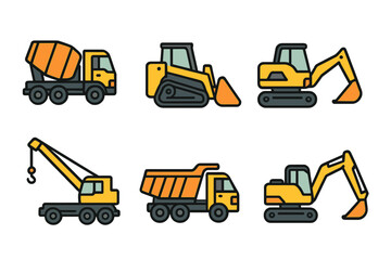 Collection of heavy construction vehicles and industrial equipment including cement mixer, loader, excavator, crane, and dump truck for building projects