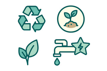 Environmental conservation and sustainability symbols for recycling, plant growth, and green energy promotion