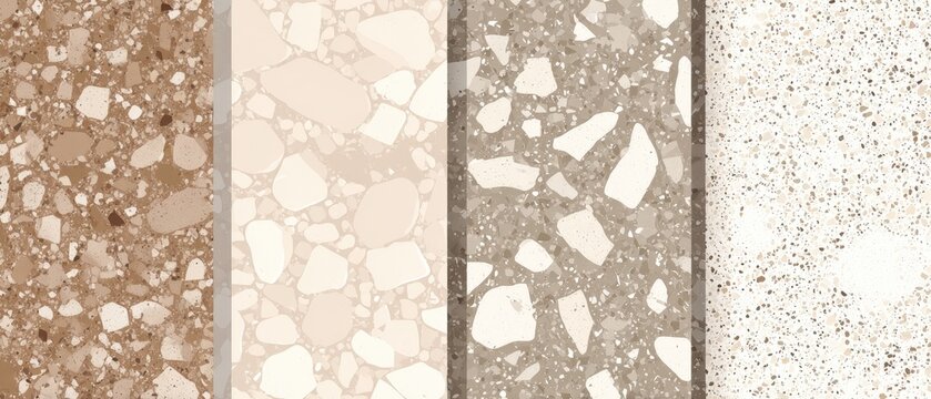 Four vertical panels showcase variations of terrazzo-like patterns in beige and brown hues, featuring differing densities and sizes of stone chips