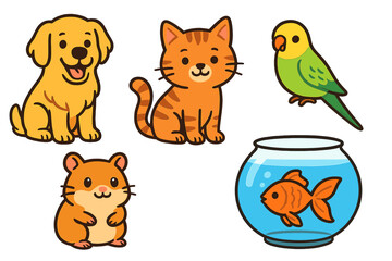 Charming collection of happy domestic animals featuring a dog, cat, parrot, hamster, and goldfish in a bowl