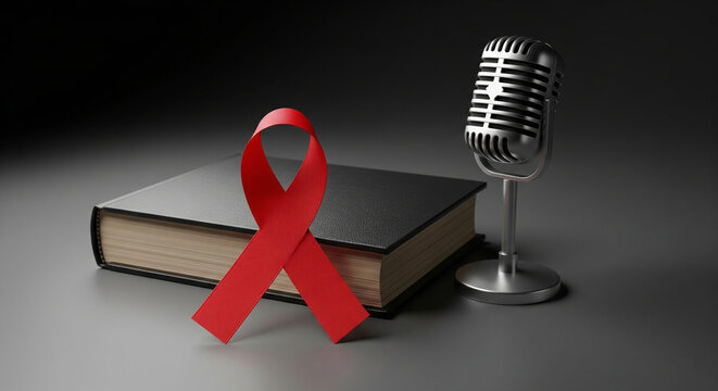 Breaking the Silence — Red Awareness Ribbon with Book and Microphone