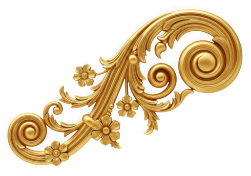 Golden ornate scrollwork with floral elements isolated on transparent background