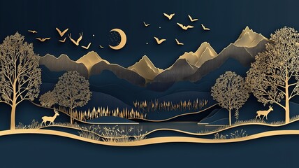 3D wallpaper of dark blue and gold landscape with trees, mountains, deer, birds and lake in paper-cut style
