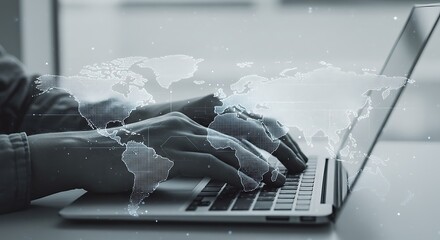 double exposure of creative artificial intelligence symbol with hands typing on laptop on background neural networks and machine learning concept, photo, black and white minimalist sketch