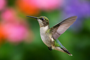 Fototapeta premium Ruby tailed hummingbird in flight and perched on a branch in nature