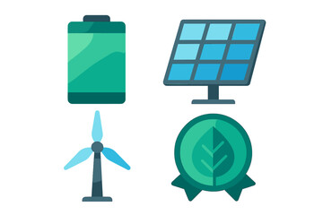 Renewable energy sources and eco-friendly technology featuring battery, solar panel, wind turbine, and green leaf badge