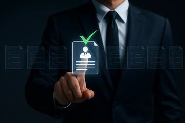 Digital Recruitment Success – Businessman Selecting Candidate Profile with Virtual Checkmark for Modern HR Solutions