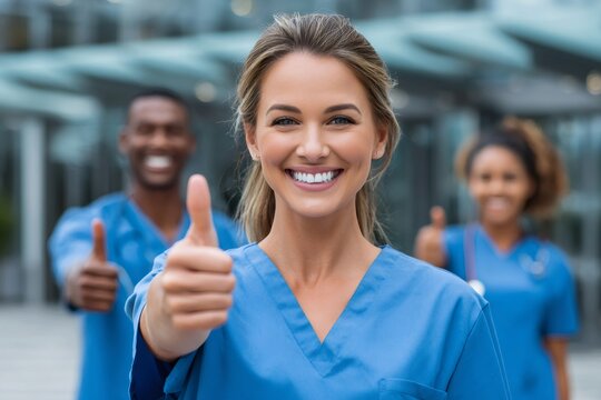 Medical team giving thumbs up smiling outdoors - Powered by Adobe
