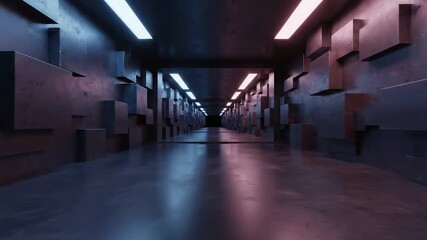 Abstract digital corridor with geometric shapes and neon lights - Powered by Adobe