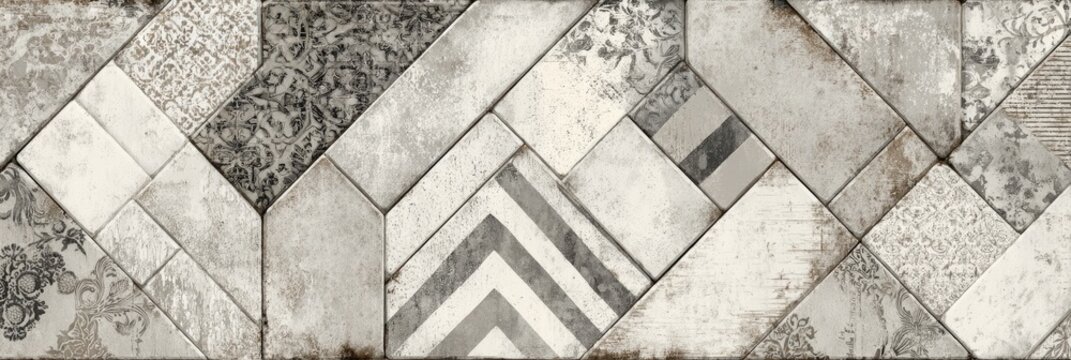 Geometric patchwork tile design in grayscale with various patterns and textures, creating a distressed and vintage aesthetic