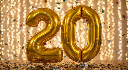 Golden number 20 balloons and sparkling confetti for a happy twentieth anniversary celebration