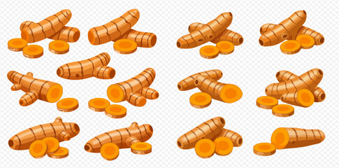 A collection of fresh turmeric roots, both whole and sliced into vibrant orange pieces, illustrating a healthy spice ingredient.