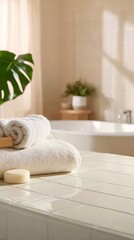 A serene bathroom scene featuring neatly rolled towels, a bar of soap, and a potted plant, with soft natural light filtering through the window.