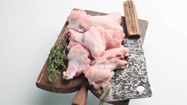 Fresh chicken parts prepared for cooking with herbs on a wooden chopping board