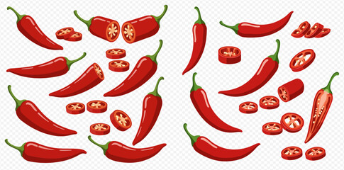 A vibrant collection of red chili peppers, presented whole, sliced, and halved, showcasing their spicy culinary appeal.
