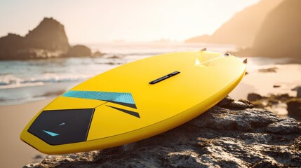 A yellow surfboard on a rocky beach with a mountain in the background.
