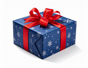 Obraz premium Blue snowflake Christmas gift box with red ribbon 青い雪柄ラッピングのクリスマスギフト