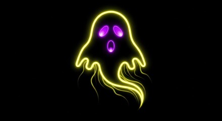 Glowing neon ghost with purple eyes and mouth against a black background for halloween art