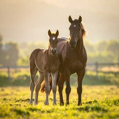 Mother horse and foal in a field at sunrise