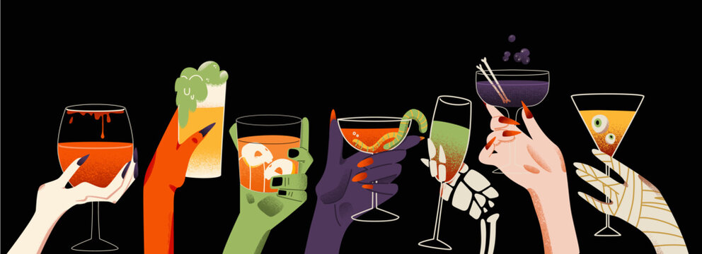 The monster's hands are holding drinks and cocktails. Halloween party and celebration.