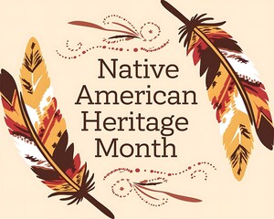 Native american heritage month poster with decorative feathers and tribal patterns around typography, ideal for cultural celebration, education, museum displays, events and social banners.