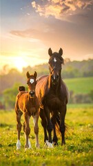Mother horse and foal at golden sunset
