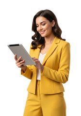 Naklejka premium Young business woman holding a tablet and smiling isolated on white or transparent background