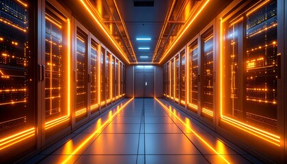 Server Room Interior with Glowing Orange Lights and Futuristic Design