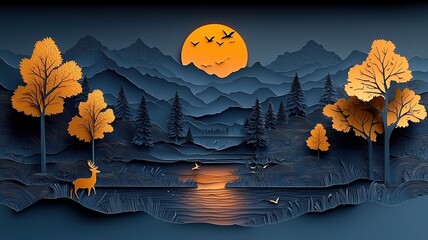 3D wallpaper of dark blue and gold landscape with trees, mountains, deer, birds and lake in paper-cut style
