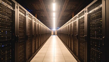 Server Room Interior with Rows of Data Center Equipment