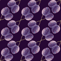Seamless diagonal fruit pattern, hand-drawn. Botanical illustration with ripe plums on a dark purple background. Gardening. Cooking. For textiles, packaging, wallpaper, tableware.